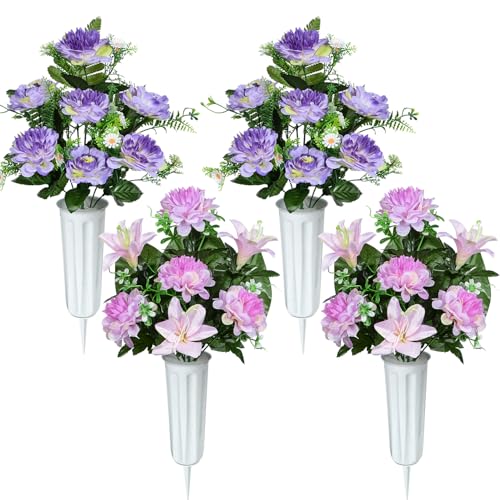 Fiori artificiali per cimitero, set di 4 fiori artificiali di dalia per tomba con vaso per decorazione cimiteriale, viola