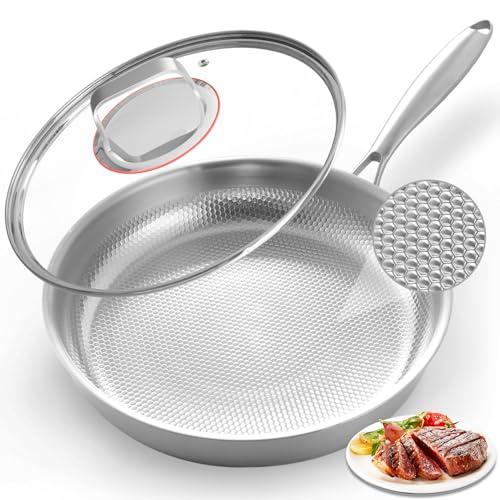 Abijan Edelstahl-Bratpfanne mit Deckel, 28 cm, 5-lagige Edelstahlpfanne, PTFE- und PFOA-frei, kompatibel mit allen Herdarten, spülmaschinen- und ofenfest