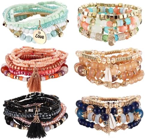 JeryWe 44 Pcs 6 Set Boho Beaded Bracelets for Women,Multi-Layer Stretch Bangles Charm Tassel Bracelet Stackable Elastic Bracelet