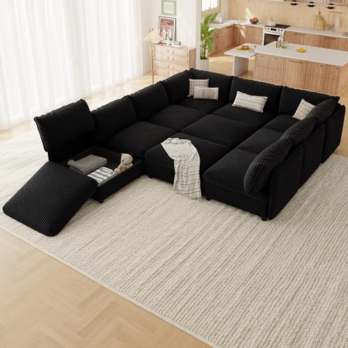 Image of Oversized Corduroy Modular Sectional Sofa Bed with Hidden Storage, Convertible L U Sleeper Couch, Modular Sofa 10 Seat Free Combination with Ottoman & Removable Covers for Living Room, Black