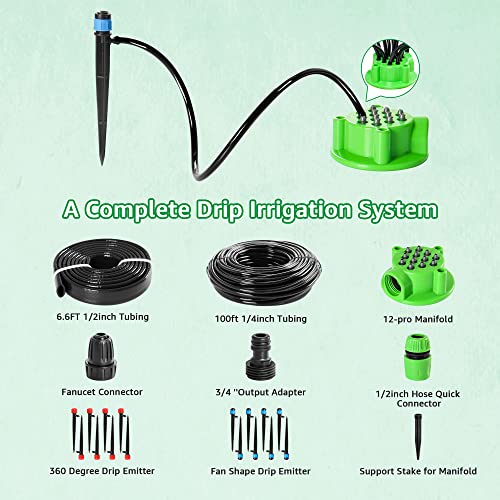 Mixc 2023 Newest Drip Irrigation Kit With 12-Port Manifold,107 Ft Garden Irrigation System For Outdoor Plants, Automatic Watering Sprinkler System Diy Greenhouses Kits For Lawn, Raise Bed, Patio, Yard #TOP6