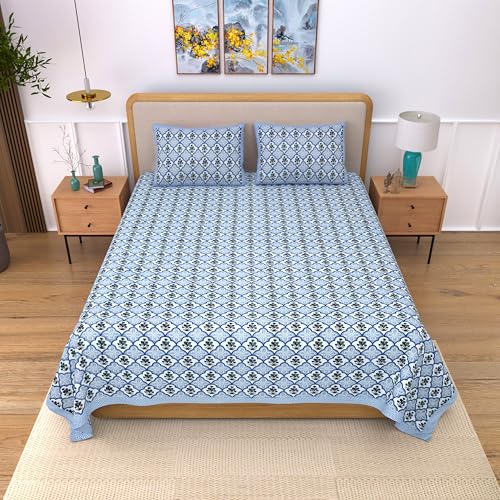 Image of India 100% Pure Cotton Jaipuri Printed Double Bedsheet with 2 Pillow Covers | Traditional Sanganeri Floral Design | Soft Breathable Fabric | King Size Bedsheet for Bedroom (Kaya33)