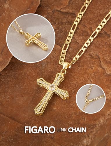 Kyhvoux 14K Gold Plated Cross Necklace for Women, Cubic Zirconia Copper Cross Pendant, Valentine's Mother's Day Gifts for Her with Jewelry Box 22" Figaro Chain, Alloy Brass CZ Diamond Bridal Wedding — view 5