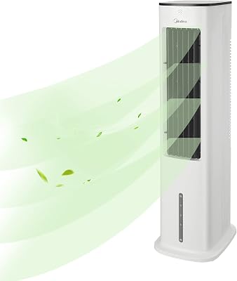 Midea Refroidisseur d’air 4 en 1, Ventilateur avec refroidissement à eau 5L, humidificateur et ionisation, Climatiseur sans tuyau d’évacuation, 355m³/h, avec télécommande, 55W, Blanc
