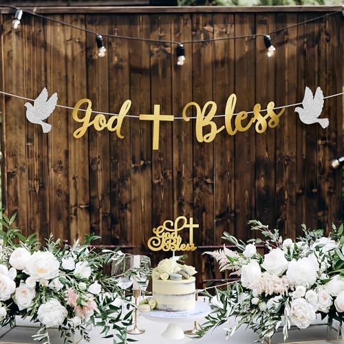 Pre-strung God Bless Banner Cake Topper Baptism Decorations for Boys Girls，Gold Foil First Communion Confirmation Decorations, Bautizo Decorations