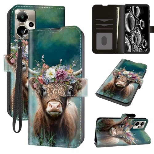 ACWDMKH for Cricket Outlast 5G Phone Case 2024,AT&T Motivate Pro 5G Phone Case with Card Holder & Kickstand & Wrist Strap Wallet Flip Folio Leather Magnetic Protective Cover,Cute Highland Cow