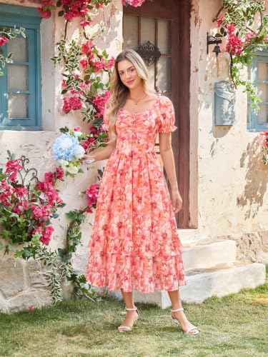 Image of Scarlet Darkness Women Floral Maxi Dress Puff Sleeve Tea Party Corset Dress | Pockets, Ruched Bust, Ruffled Hem, for Cottagecore Fairy Milkmaid Vacation
