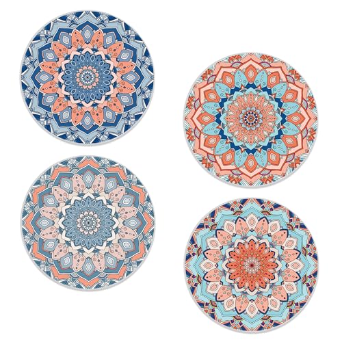 cenlaren Coasters Set of 4, Mandala Blue Round 4" Ceramic & Cork Coasters, Ideal Home Decor & Gifts