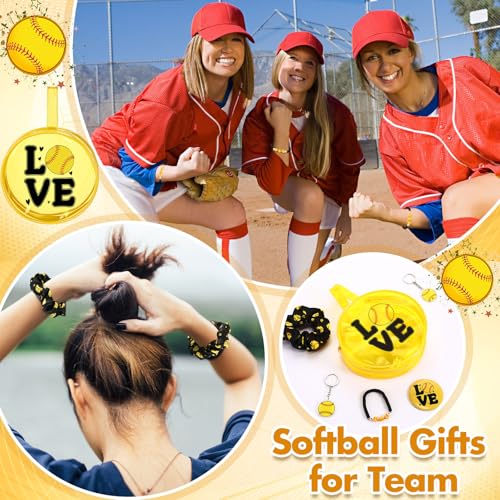 Huquary 60 Pcs Softball Team Gifts Sports Accessories Include Softball PVC Cosmetic Bag Keychains Makeup Mirror Hair Scrunchies Bracelets for Women Girls Team Players Gifts Sport Party Favors by Huquary - Image 6