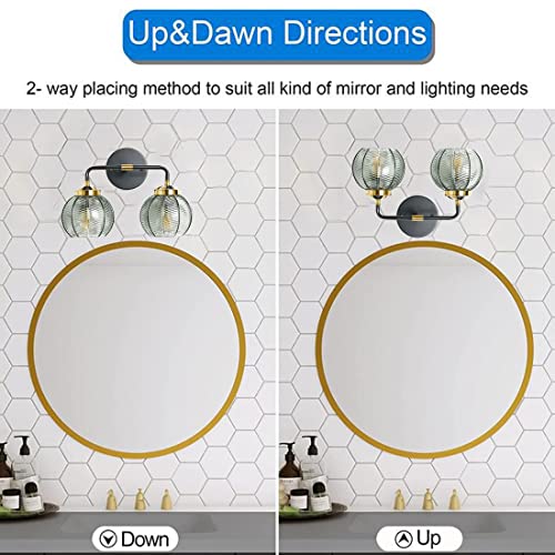 Qufute Glass Wall Mount Light 2-Light Black Bathroom Wall Light Fixtures Green Ribbed Glass Shade Mid Century Modern Wall Sconce Lamp For Over Mirror Bedroom Hallway (2-Head) #TOP4