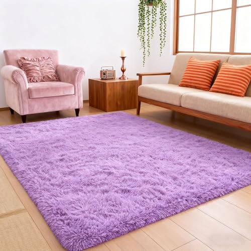 Alfombras Pelo Largo Alfombra 100 x 130 cm Antideslizantes y Lavable Esponjosa Alfombras para Niñas, Suave y Esponjosa para Dormitorio, Comedor, Pasillo, Interiores, Morado