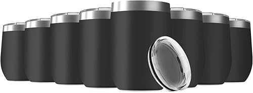 Deitybless Vaso de vino de 12 onzas con tapa, de acero inoxidable, doble pared aislada al vacío, taza de viaje sin tallo (juego de 6, negro)