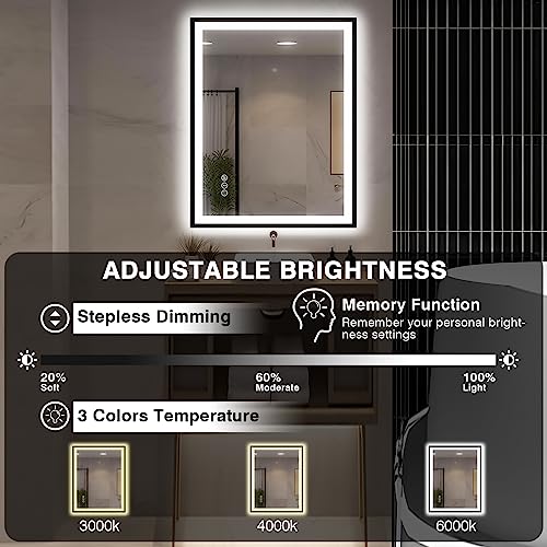 30x36 LED Bathroom Mirror with Lights - Black Framed, Front and Backlit Mirror, Anti-Fog Vanity Mirror with Lights,Stepless Dimmable LED Mirror, 3 Colors Smart(Horizontal/Vertical)