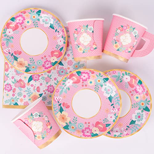 Decorlife Disposable Tea Cups Serves 24, Floral Paper Tea Party Cup Set Includes 5" Saucers, 7Oz Teacups With Handles, Tea Party Supplies For Girl's Birthday, Baby Shower, Total 48Pcs #TOP2