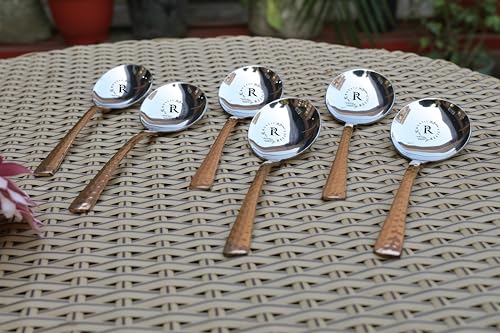Image of Copper Soup Spoon with Stainless Steel | Set - Pack of 6 | Metal Kitchen Dining and Cutlery | Copper and Steel Metalic Finish | A Touch of Elegance to Your Dining and Dinnerware Serving