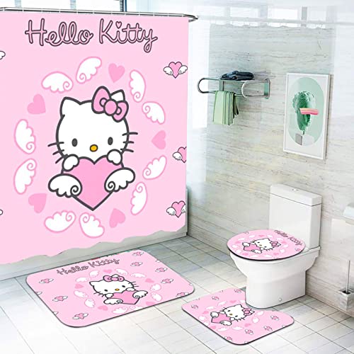 SMNVCKJ 4-teiliges Hello Kity Wasserdichtes Duschvorhang-Sets, Mit Fußmatten-Badunterlage, Toilettenunterlage 12 Haken (13,200×200cm) Cover