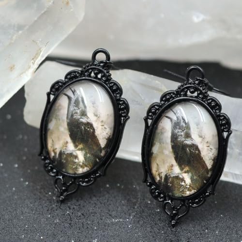 Goth Raven Cameo Earrings - Vintage Gothic Crow Drop Dangle Earrings - Halloween Witch Costume Accessories Jewelry Gift for Women4