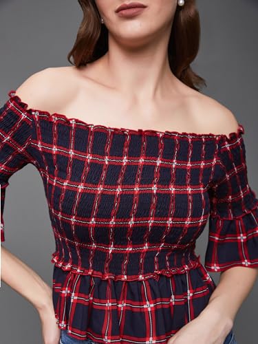 Image of Miss Chase Women's Round Neck Half Sleeves Cotton Lace and Pearl Detailing
