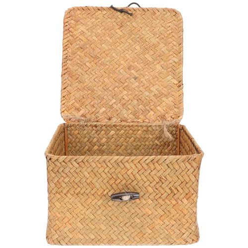 SHERCHPRY Cesto portaoggetti quadrato in rattan, cestino in rattan con coperchio, cestino quadrato in vimini, intrecciato a mano, per scrivania, decorazione per la casa (16 x 16 x 9 cm)