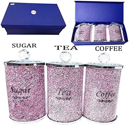 ProTech Crystal Diamante Tea, Coffee and Sugar Jar, Storage Canisters, Trimmings Crystal Filled Jars, Unique Collection, Crushed Diamond Kitchen Accessories, Sparkle Ornaments, Glass Container Pink