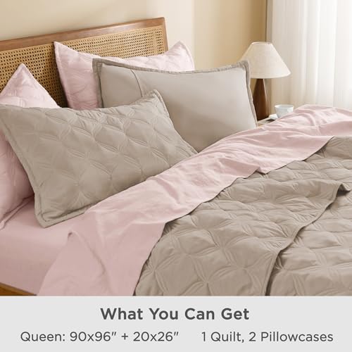 Image of Litanika Queen Quilt Bedding Set, Light Coffee Summer Lightweight Soft Comforter Bedspreads & Coverlets, Boho Farmhouse Bedding Cover Bed Decor All Season, 3 Pieces (1 Quilt, 2 Pillowcases)