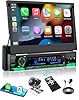 Y-METDRVIING Motorized Single Din Wired Carplay Car Stereo with Bluetooth 5.1, 7 Inch flip Out Touchscreen Car Radio MP5 Player,Flip up car Stereo with Android Auto, Mirror Link/USB/FM/Backup Camera