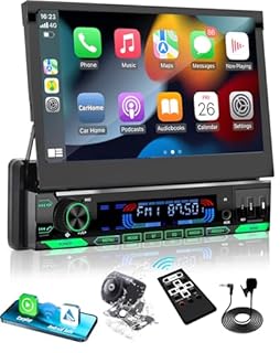 Y-METDRVIING Motorized Single Din Wired Carplay Car Stereo with Bluetooth 5.1, 7 Inch flip Out Touchscreen Car Radio MP5 Player,Flip up car Stereo with Android Auto, Mirror Link/USB/FM/Backup Camera