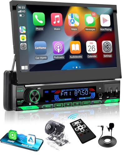 Y-METDRVIING Motorized Single Din Wired Carplay Car Stereo with Bluetooth 5.1, 7 Inch flip Out Touchscreen Car Radio MP5 Player,Flip up car Stereo with Android Auto, Mirror Link/USB/FM/Backup Camera