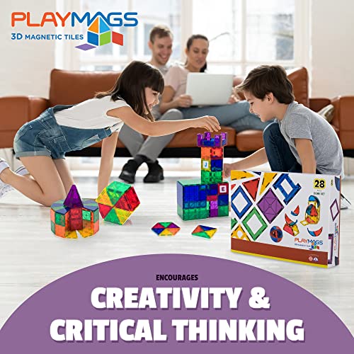Playmags 28 Piece Magnetic Tiles Dome Set - Now With Stronger Magnets, Stem Toys For Kids, Sturdy, Super Durable With Vivid Clear Color Tiles #TOP3