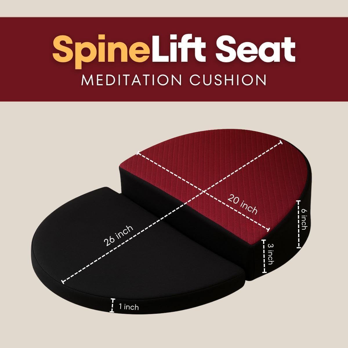 SpineLift Cushion Ergonomic Meditation Cushion with Angled Support for Spine Alignment & Hip Comfort,Foldable Ankle Pad,Premium Quilted Fabric & Carry Case Maroon Standard