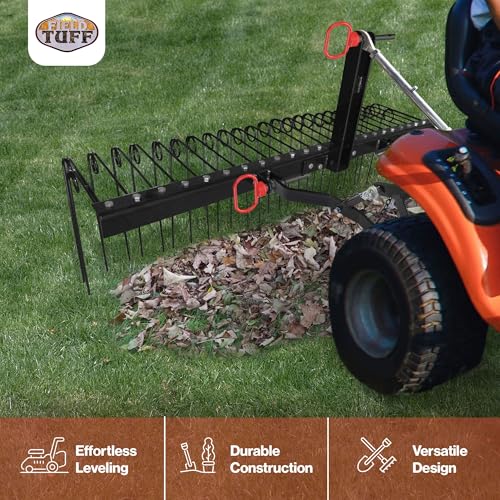 Field Tuff Steel Spring Coil Tine Tow Behind Landscape Rake for Leaves, Pine Needles, Straw, and Grass with 3 Point Hitch Receiver Attachment, Black - Thumbnail 3