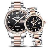 MASTOP Couple Watches Men Women Automatic Mechanical Watch Fashion Bezel Inlay Rhinestones Her or His Set of 2 (Two-Tone Black Dial)