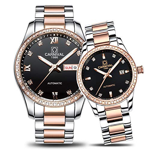 MASTOP Couple Watches Men Women Automatic Mechanical Watch Fashion Bezel Inlay Rhinestones Her or His Set of 2 (Two-Tone Black Dial)