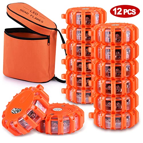 Tobfit 12 Pack LED Road Flares Emergency Lights Roadside Safety Beacon Disc Flashing Warning Flare Kit with Magnetic Base & Hook for Car Truck Boats | 9 Flash Modes (Batteries Not Included) (12)