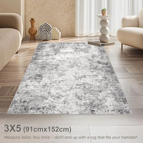 3x5 Area Rug Living Room Rugs - Washable Neutral Modern Abstract Soft Thin Rug Indoor Floor No Slip Rug Carpet for Bedroom Under Dining Table Home Office Decor - Grey