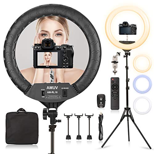 AMUV 18 Inch Ring Light,Wireless Remote,Big Ring Light,Ring Light with Stand 18 Inch,Large Ring Light,Barber Ring Light 18  45W Dimmable Carrying Bag,Professional Ring Light for YouTube,TikTok,Volg