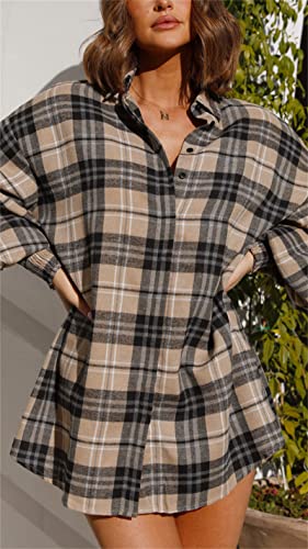 Plaid Flannel Shirts for Women - Oversized Long Sleeve Button Down Shirt Dresses Shacket Blouse Tops2