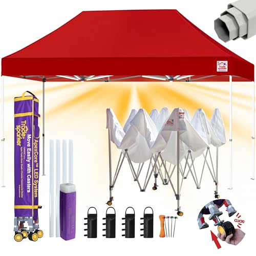 Image of Tradesparker 10x15 Pop Up Canopy Tent,Commercial Movable Canopy with ApexCore LED&Rugged Casters-Instant Easy Setup Shelter Canopies with Weight Bags&Stakes for Outdoor Events Markets Vendors,Red