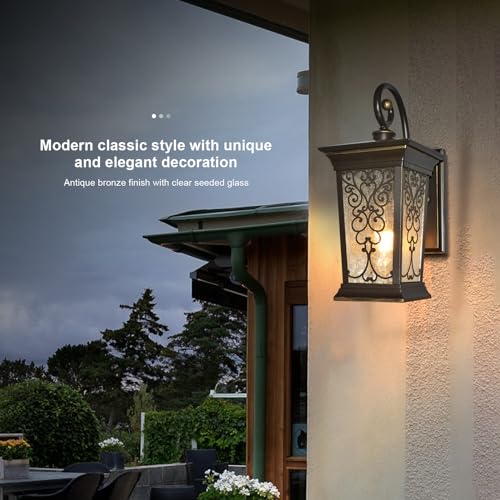 Image of ALVIME Outdoor Wall Light Fixtures, 17 Inch Oil Rubbed Bronze Exterior Lighting Fixtures, Waterproof Outdoor Sconce Lights, Outside Porch Lanterns for House, Farmhouse, E26 Base&Clear Seeded Glass