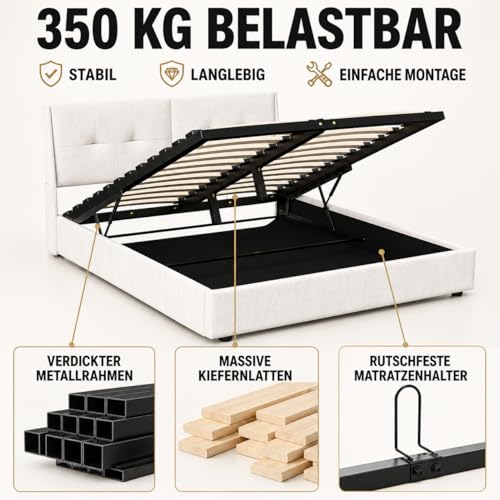 Miniatura 7 de Cama Tapizada 140x200 Con Almacenamiento, Cama Matrimonial Con Cajones, Cama Nido Con Led, Cabecero Acolchado Y Base De Láminas, Terciopelo Beige, 140 X 200 Cm