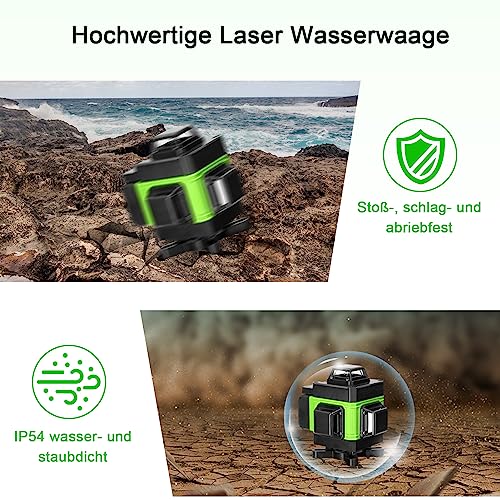 Kreuzlinienlaser Grün kit Hancaner 16 Line Laser Level IP54 Wasserwaage 360° Kreuzlinienlaser Selbstnivellierend +1.5M Stativ +2400mAh Akku für Verlegung Bodenfliesen, Installation Trennwänden - 4