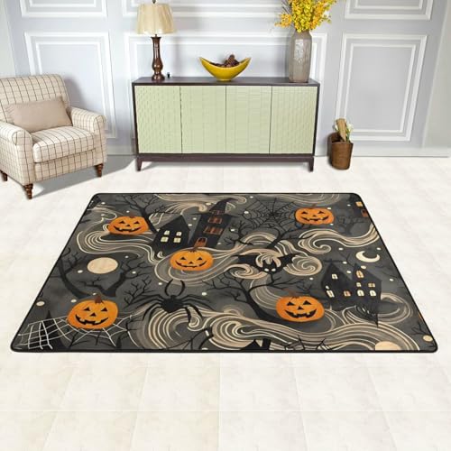 Halloween Spooky Haunted Houses and Pumpkin Rug 72"x48", Non-Slip Floor