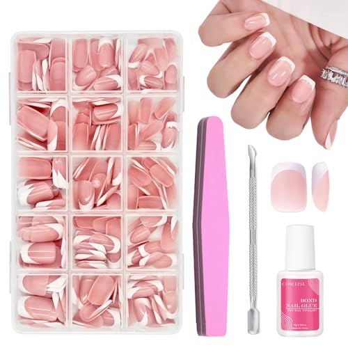 French False Nails - 240Pcs Square Press On Nails Short - Fake Nails White Tip French False Nail Kit - Full Cover Stick on Nail Flase Nail Art Manicure Decorations
