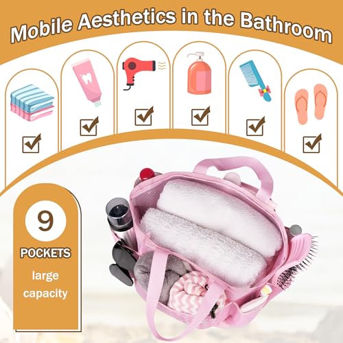PARIERIS Mesh Shower Caddy Portable for College Dorm Room Essentials with 8 Pockets, Hanging Caddy Dorm Basket, Quick Dry Shower Bag for Bathroom (Pink, 1Pack) — view 4