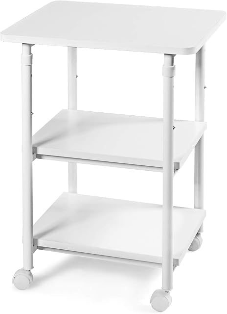 CASART 2/3 Tier Printer Stand, Fax Stand on Wheels, up to 45kg/50kg, Open Shelves Mobile Printer Cart for Home Office (49 x 40 x 67-77cm, White)