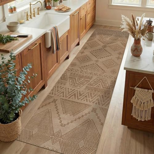 jinchan 3x10 Washable Faux Jute Runner Rug, Boho Southwestern Geometric Long Runner Rug with Natural Fiber Look, Low-Pile Non-Slip Floor Mat for Hallway Kitchen Living Room Entryway, Natural Taupe