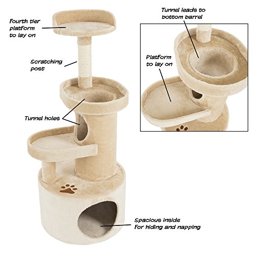Petmaker Cat Tree Condo With Tunnel 4 Tier With Scratching Post, 43", Tan #TOP2