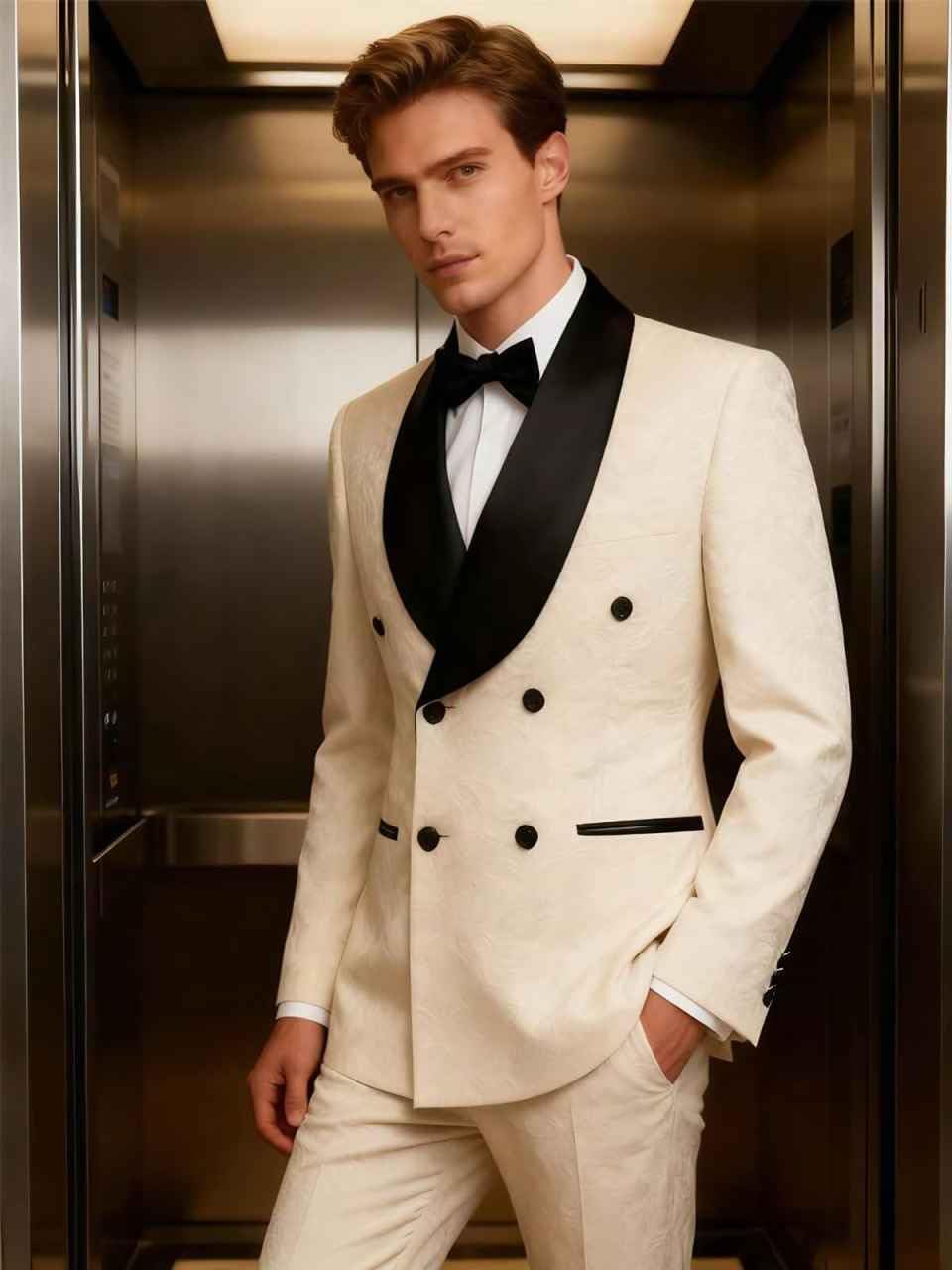 Men Suits Slim Fit 2 Piece Jacquard Double Breasted Suit for Men Formal Prom Wedding Tuxedo Jacket Pants Set