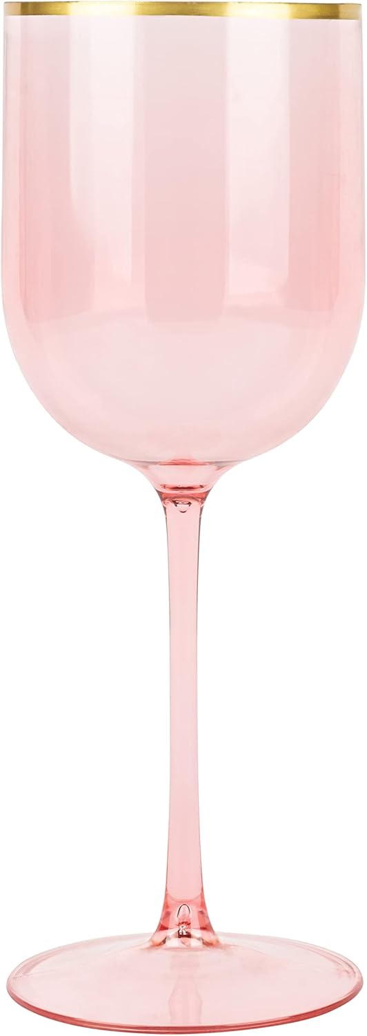 PARTY BARGAINS 12 oz Disposable Plastic Wine Goblets, Shatter-Resistant BPA-Free Stemmed Wine Cups for Weddings, Events & Outdoor Entertaining, Pink Gold Rim, 10 Pack
