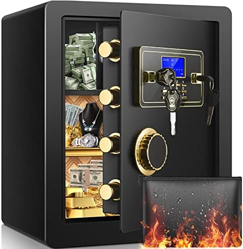 2.2 Cubic Upgrade Safe Box Fireproof Waterproof, Security Home Safe Box with Digital Combination, Electronic Keypad & Keys Interior Lock Box, Fireproof Safe for Side Arm Cash and Important Papers